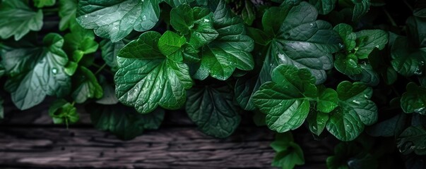 Poster - Lush green leaves with dew drops on a dark wooden background, perfect for nature, plant, and greenery themes.