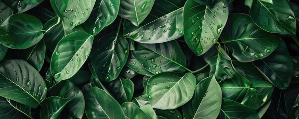 Poster - Close-up of lush green leaves covered in water droplets, showcasing natural texture and freshness.