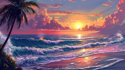 Wall Mural - illustration beach palm trees sea waves beautiful sunset sky