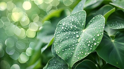 Aufkleber - Close-up of lush green leaves with water droplets. Crisp, vibrant, and refreshing. Perfect for nature, wellness, or environmental themes.