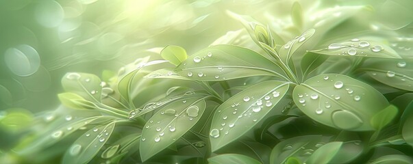 Poster - Close-up of dewdrops on fresh green leaves with soft-focus background, serene and tranquil natural scenery, perfect for nature-related content.