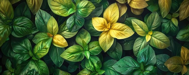 Aufkleber - Vibrant green and yellow leaves create a lush foliage pattern, perfect for nature-themed designs, backgrounds, and botanical projects.