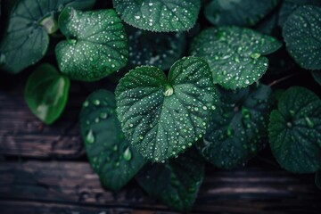 Aufkleber - Close-up of lush green leaves with water droplets. Vibrant foliage after rain on wooden background. Natural, refreshing, tranquil atmosphere.