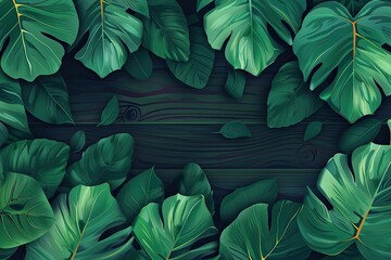 Poster - A vibrant display of lush green leaves arranged around a dark wooden background, perfect for nature, tropical, or botanical-themed projects.