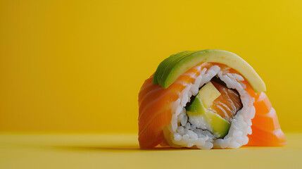 Wall Mural - Sushi roll with salmon avocado and rice on isolate yellow color background