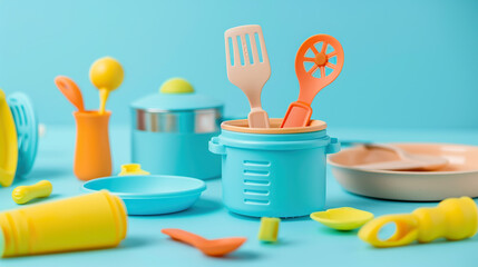 I imagine a colorful set of toy kitchen utensils for children, including spoons, knives, forks, plates, and more, perfect for imaginative play!