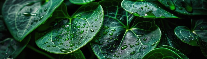 Poster - Close-up of green leaves with water droplets after rain. Nature background, showcasing the freshness and vibrancy of plant life.