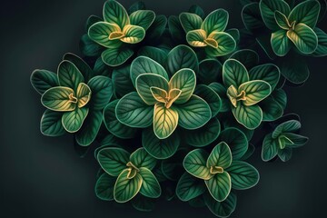 Poster - Top view of vibrant green and yellow variegated leaves against a dark background, showcasing natural beauty and plant detail.