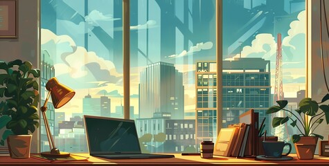 Wall Mural - illustration of woking desk with laptop, coffe, lamp, plant. big window. city, skycrapper & sky background. cozzy room, lofi style