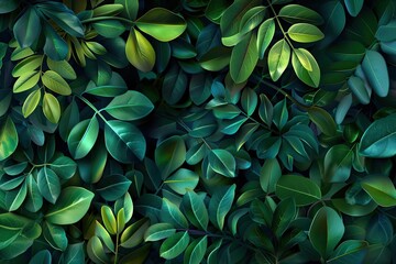 Poster - Lush green foliage background featuring various leaves in different shades of green, creating a vibrant and natural texture for design use.
