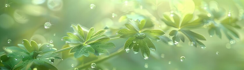 Poster - Close-up of vibrant green leaves with dewdrops in morning sunlight, perfect for representing freshness, nature, and tranquility.