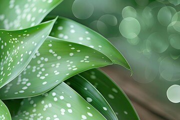 Poster - Close-up of vibrant green spotted leaves with soft bokeh background, showcasing natural beauty and botanical elegance.