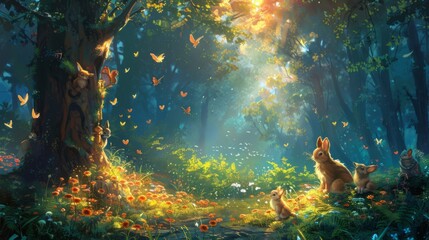The image is a digital painting of a forest. There are many trees, flowers, and butterflies in the image. The colors are vibrant and the image has a dreamlike quality.