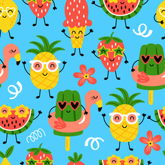 Wall Mural - Summer seamless pattern design with cute funny fruits. Childish print for cards, wallpaper and background. Vector illustration