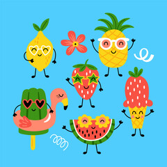 Wall Mural - Summer holidays cute funny fruit set. Childish print for card, stickers, party invitations and apparel