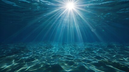 Sun shining light in blue clearly deep water, sunbeams illuminate the blue underwater sea scene, background 8k