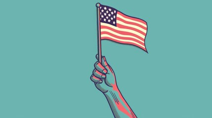 Abstract Hand Holding American Flag with Simple Lines and Colors