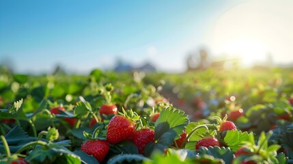 a strawberry field ripe red