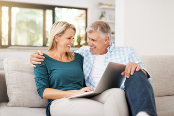 Poster - Couple, couch and laptop with smile in home, streaming and relax in living room for movies. Internet, computer and online website for watching with married people, calm and lounge with technology