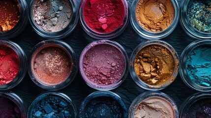 Poster - A close-up view of colorful makeup pigments and powders arranged in small glass jars. Generative AI
