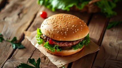 Wall Mural - A tantalizing composition of a mouthwatering hamburger on textured wood, with attention to detail and space for custom text, ideal for digital advertisements