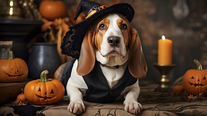 Wall Mural - Bella, a Basset Hound, has on a charming Halloween outfit.