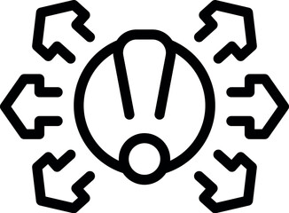Poster - Black and white vector illustration of an exclamation point within a circle, surrounded by arrows