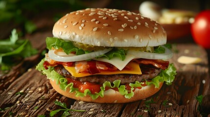 Wall Mural - An appetizing hamburger arrangement on weathered wood, featuring fresh ingredients and dynamic composition, suitable for digital advertising campaigns