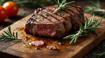 Wall Mural - blurred background, grilled meat, steak, crispy on the outside. Cut into pieces and the meat inside is not yet cooked. There's runny water coming out. Garnish with rosemary. Placed in an old wooden cu