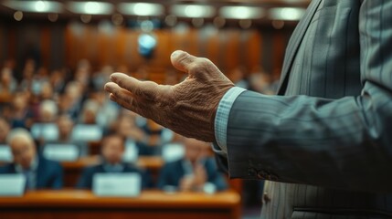 Wall Mural - Business Speaker Conducting Training Session with Hands Gesturing in Office