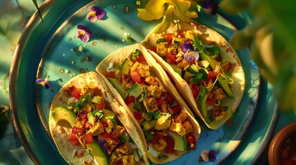 Three delicious tacos with fresh ingredients and vibrant colors.