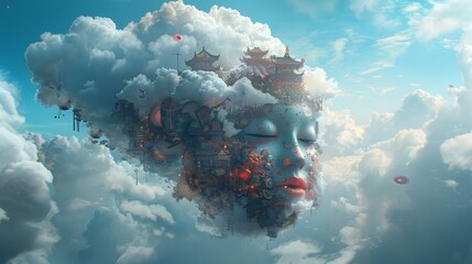 A symbolic 3D rendering of a cloud carrying symbols of different cultures, such as masks, musical instruments, and literature, illustrating the richness and diversity of human expression.