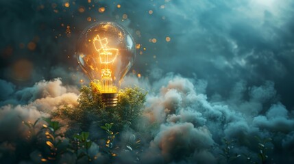Poster - An artistic 3D representation of a light bulb powered by renewable energy sources, surrounded by stylized clouds, conveying the concept of sustainable energy use.