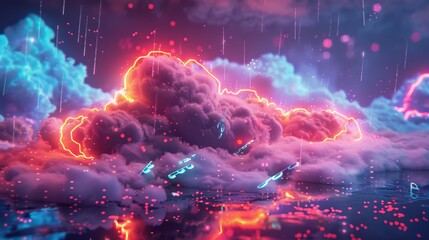 A stylized 3D illustration of a cloud with neon lights and musical elements, creating a futuristic and vibrant atmosphere.