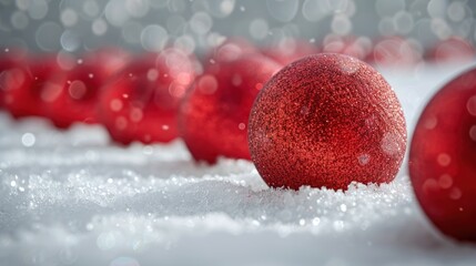 red christmas balls in a row on snowy border