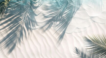Wall Mural - Top view of tropical beach with palm tree shadow on white sand and crystal clear water background