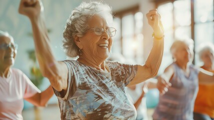 Happy senior woman dancing with friends in a fitness class.