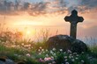 © Daria - Sunrise meadow. empty tombstone and cross symbolizing hope and resurrection on good friday