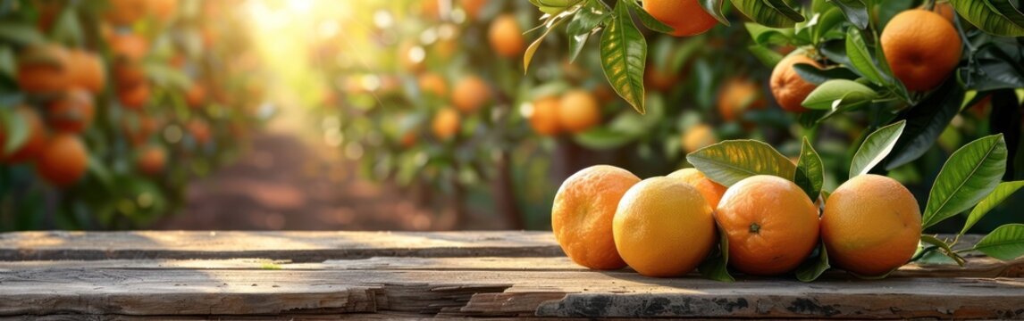 Fresh Harvested Oranges with Leaves on Wooden Table and Blurred Orange Plantation Landscape - Closeup Food Photography Background