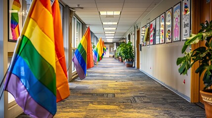 Corporate office decorated with rainbow flags for Pride Month, where employees from the LGBTQ+ community and allies celebrate together. The environment promotes inclusivity, with posters advocating