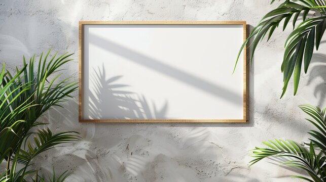 White picture frame, Blank frame, Wooden frame, Textured wall, Interior design, Architectural detail, Rainforest plants, Greenery, White wall, Frame mockup, Modern decor, Minimalist design, Natural el