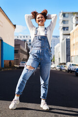 Poster - Woman, city and fashion in outdoor, happy and denim for style or confident in outfit. Female person, smile and street for casual trend or aesthetic, urban adventure and clothes in downtown journey