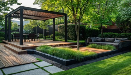 Wall Mural - Exquisite teak wood deck and sophisticated black pergola in luxurious garden setting