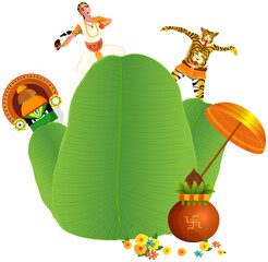 Sticker - Different Traditional Dance Forms of Kerala and Worship Pot (Kalash) with Golden Olakkuda on The Celebration of Onam, Png Vector.