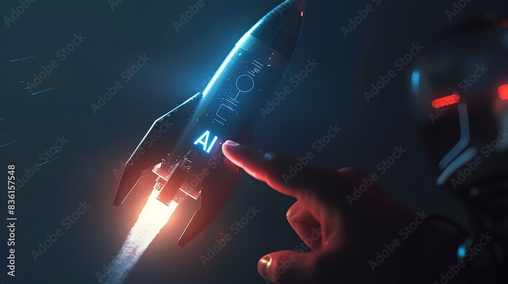 Futuristic scene with a robotic figure launching a rocket labeled 'AI ...