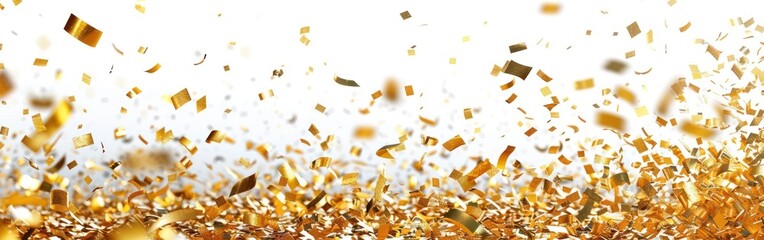 Wall Mural - Festive New Year's Eve Party Banner with Shiny Golden Confetti Falling on Isolated White Background Texture