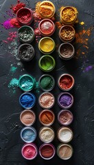 Poster - An assortment of colorful makeup pigments and powders in small jars arranged on a black surface. Generative AI
