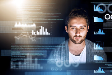 Poster - Tired, programmer and coding with statistics overlay for fintech app or reporting software and fatigue. Male person, web developer and burnout with hologram for data analytics and financial review