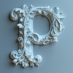 exquisite, ornate letter P stands out against a soothing gray background, showcasing intricate details and artistic craftsmanship.