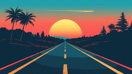 A vibrant illustration of a highway stretching towards a setting sun, flanked by palm trees and a colorful sky.